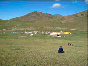 Mongolian meadow with yurts